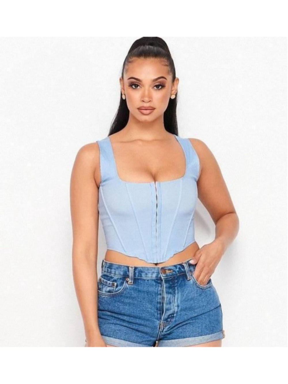 Women's JNK Light Blue Corset Crop Top Med Scoop Neck Hook & Eye Closure Stretch